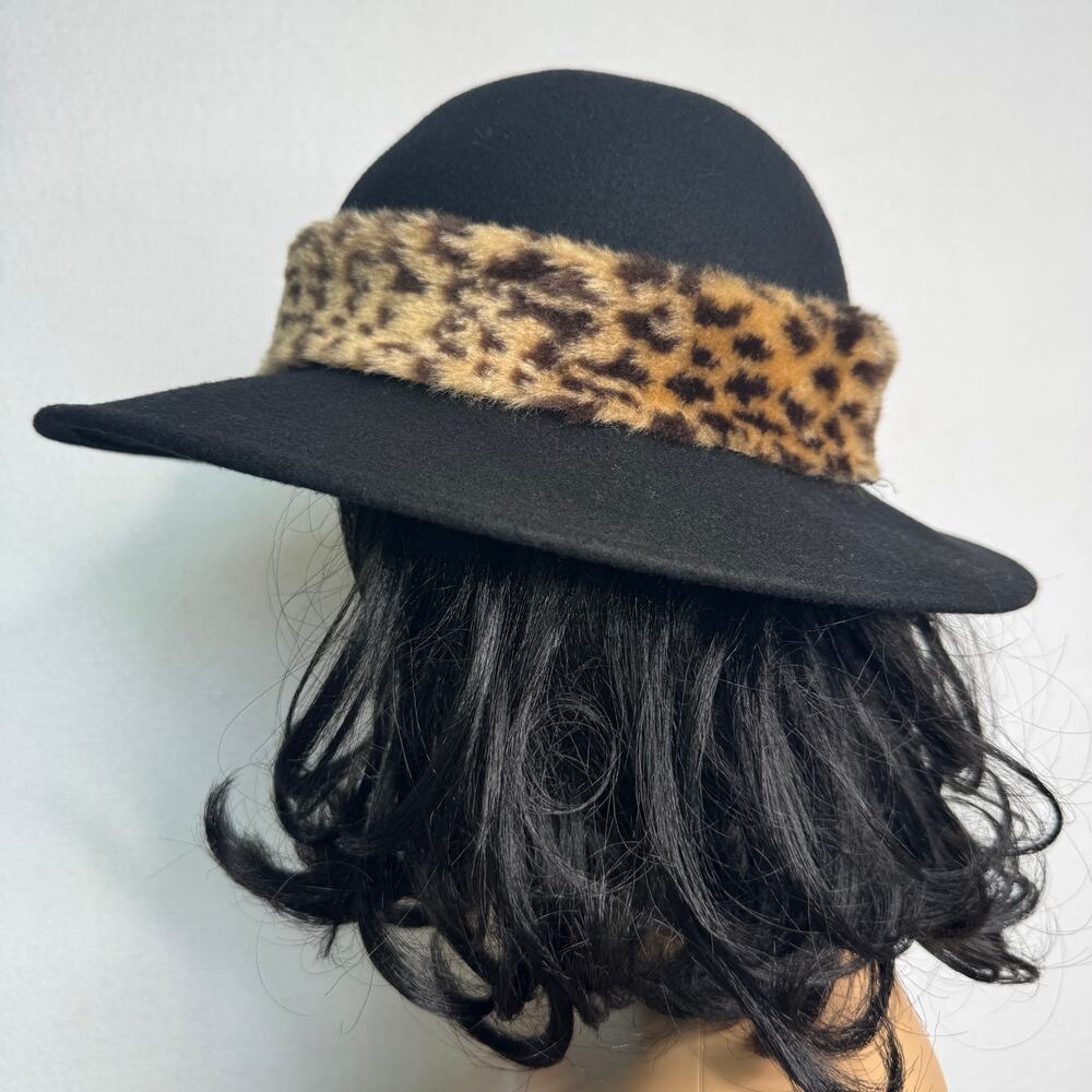 Vintage 1980s Black Wool Felt Wide Brim Hat Leopard Faux Fur Made USA 22” - Picture 11 of 14